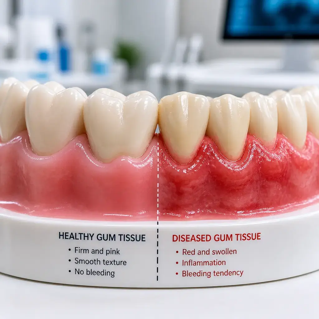 Comparaison sur modèle dentaire montrant en détail clinique un tissu gingival sain par rapport à un tissu malade