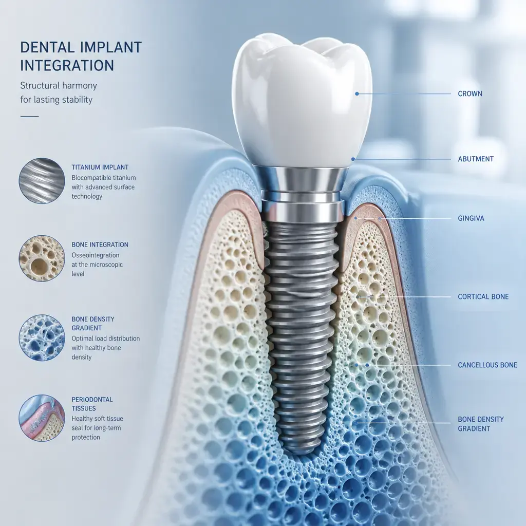 Illustration médicale en 3D de la structure d'un implant dentaire intégré dans un os et un tissu gingival sains