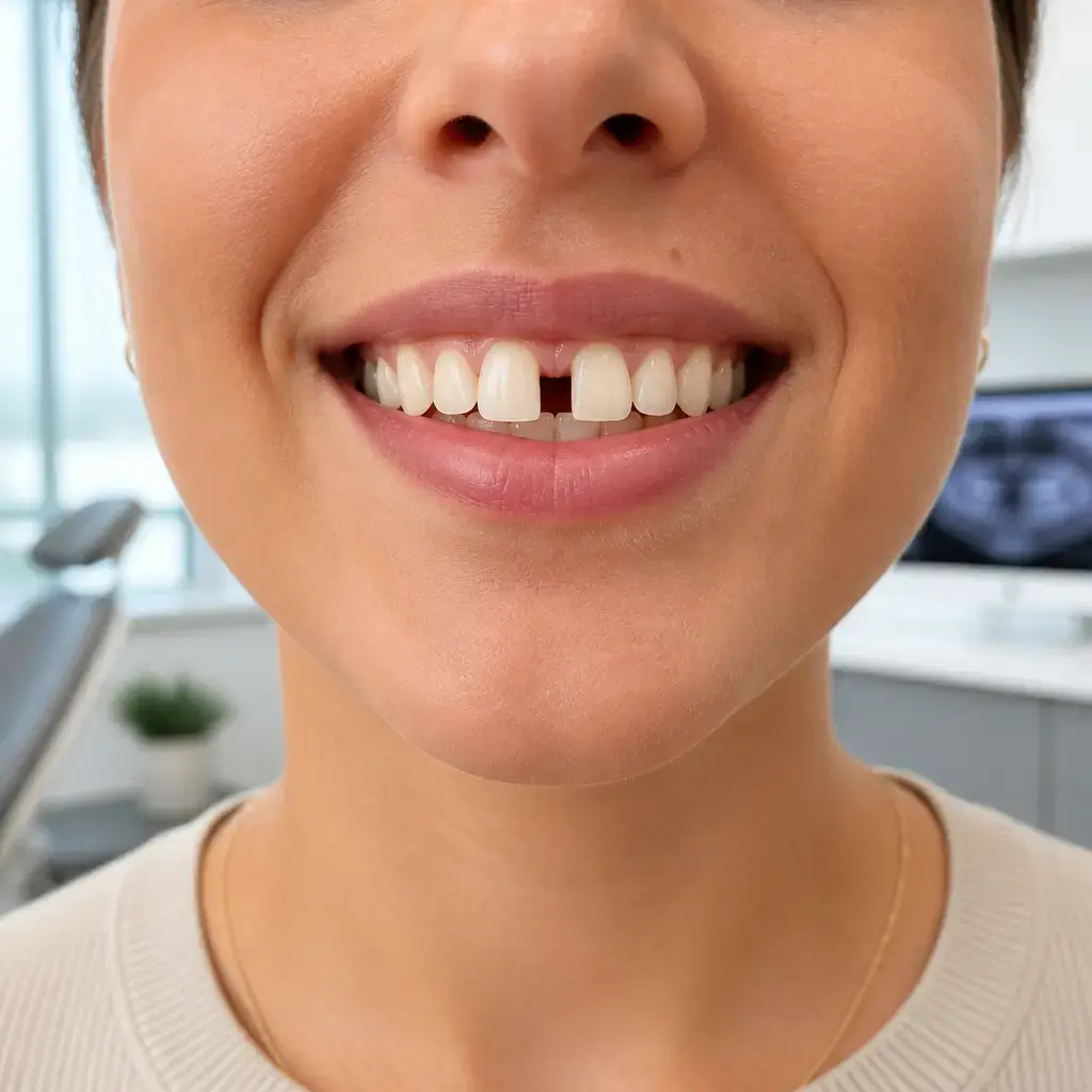 Gros plan d'un sourire montrant un espace visible dû à une dent manquante