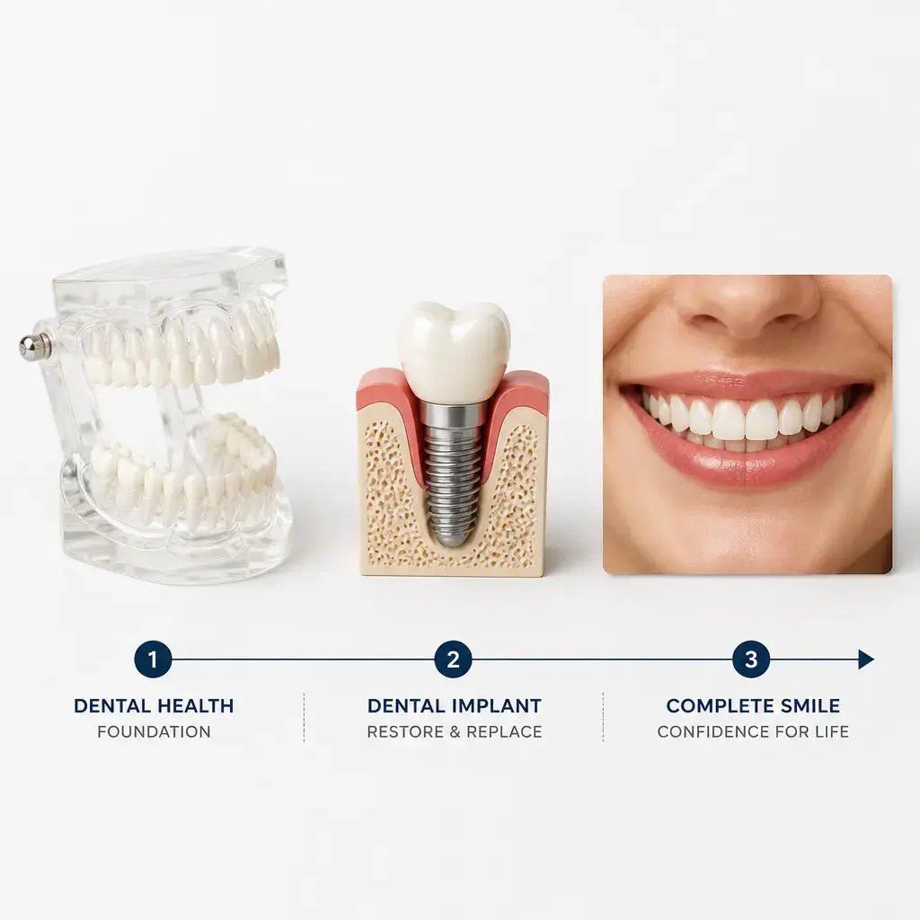 Progression visuelle d'une dent manquante vers une restauration sur implant dentaire