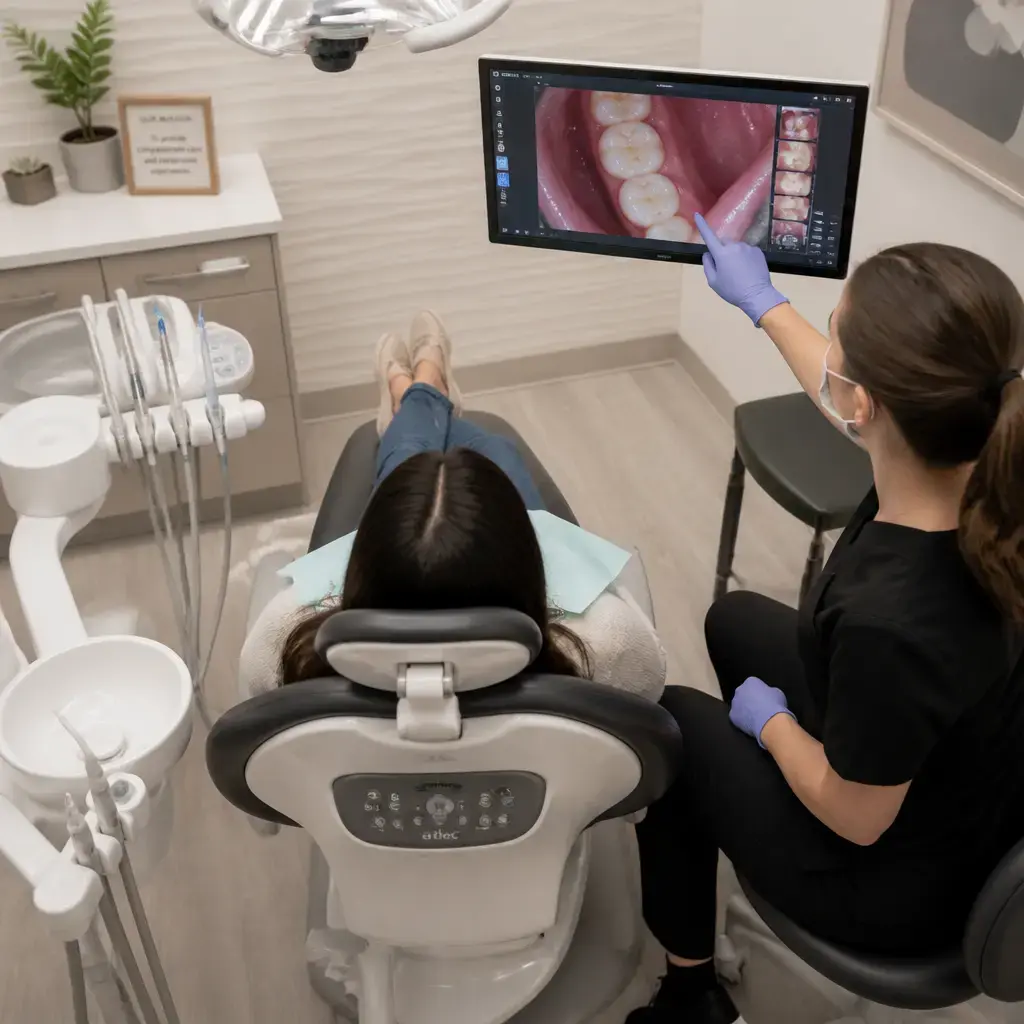 Scène de consultation dentaire avec un praticien examinant un patient sur le fauteuil de soins