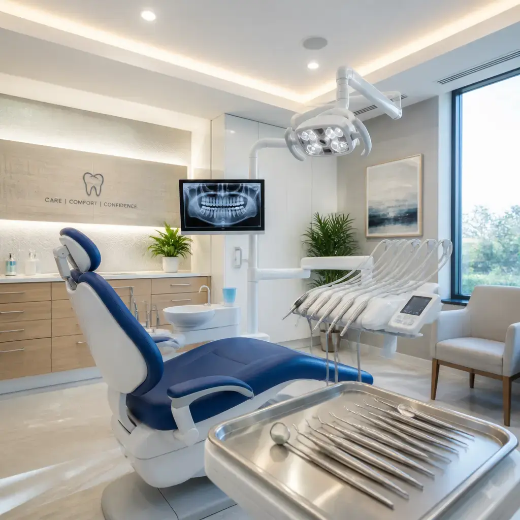 Salle de soins moderne d'une clinique dentaire avec équipement professionnel et environnement apaisant