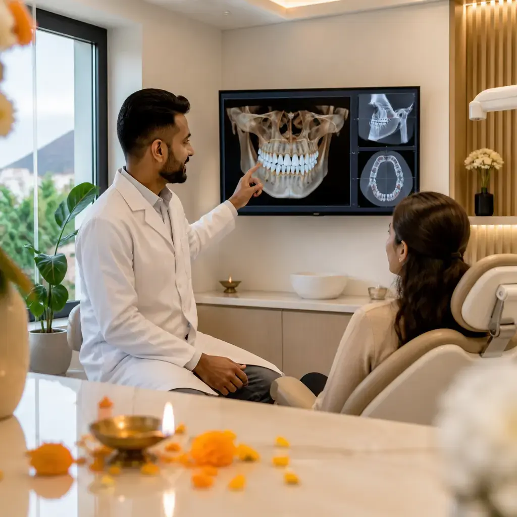 Dentiste chez St Jean Dental Care examinant un scanner dentaire 3D avec un patient avant une consultation pour le sourire de Diwali à l'île Maurice.