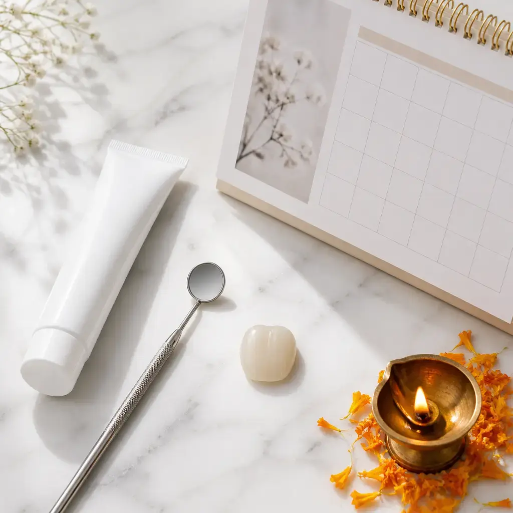 Instruments dentaires, échantillon de couronne en porcelaine et calendrier du mois d'octobre disposés pour planifier une consultation de dentisterie esthétique.