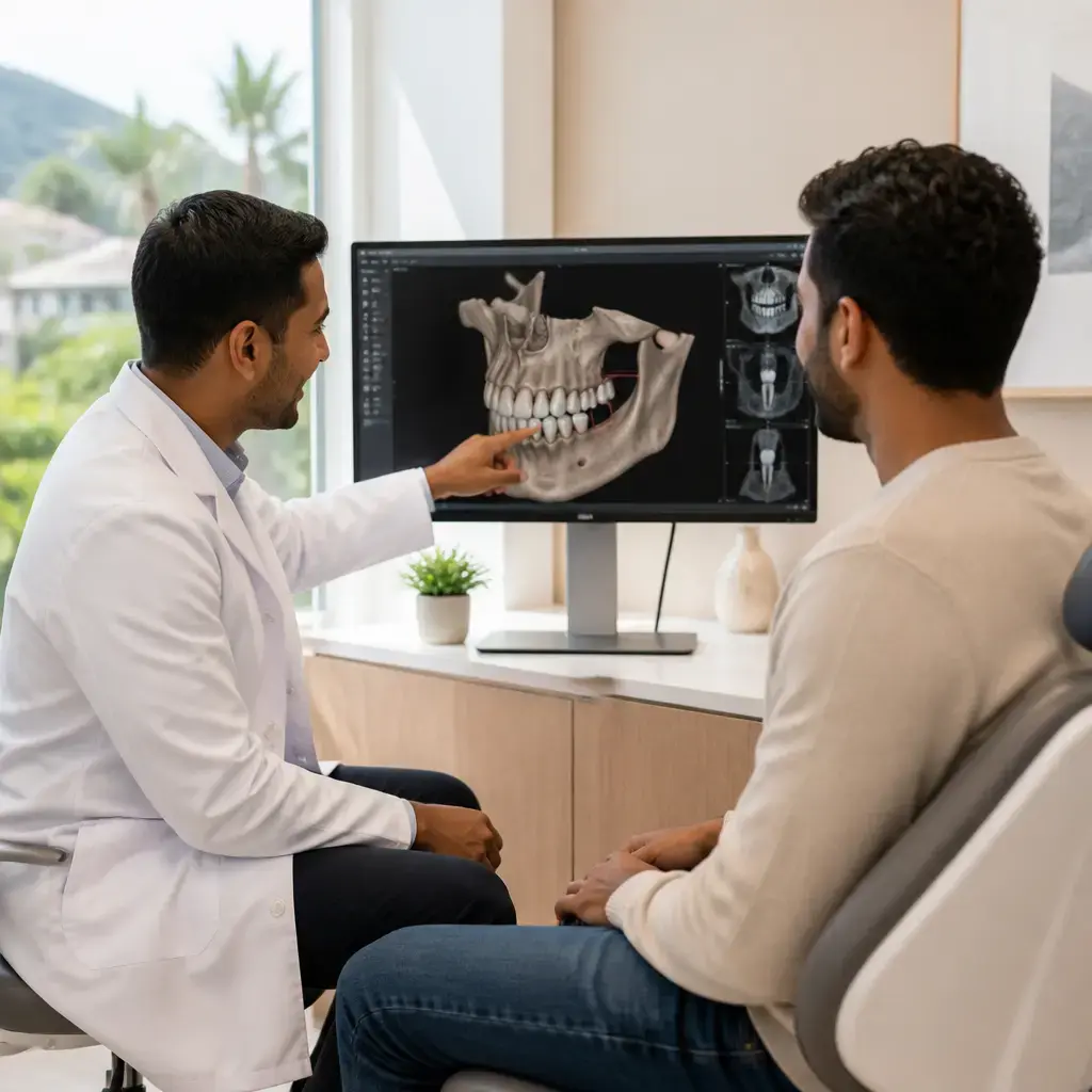 Dentist and patient reviewing a 3D jaw scan on a monitor before a single tooth implant in Quatre Bornes