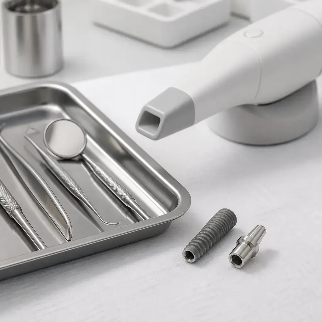Sterile surgical tools and implant components laid out for a single tooth implant procedure
