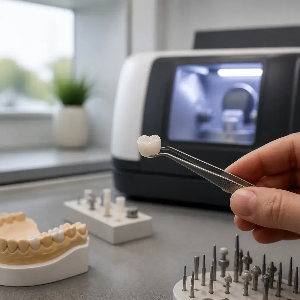 Milled ceramic crown prepared for fitting after a single tooth implant in Quatre Bornes